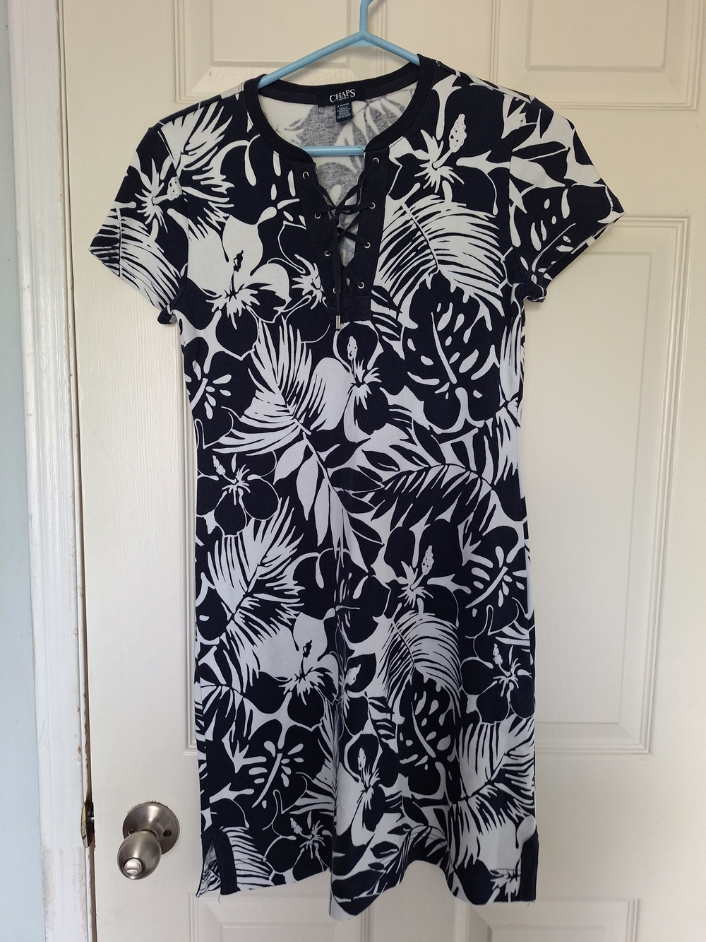 Chaps Navy & White Floral Lace-Up Dress